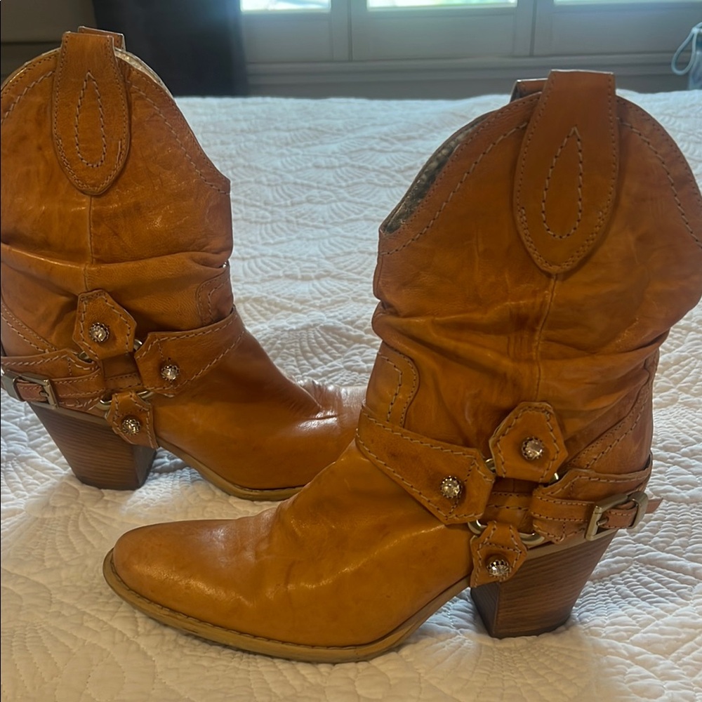 Alesia Tan Western Leather Crystal Buckle Ankle Boots with Decorative Harness